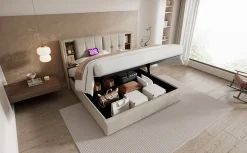 Lit 180x200 cm avec coffre et sommier relevable, tête de lit à niches tapissée lin naturel, style moderne