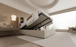 Lit 180x200 cm avec coffre et sommier relevable, tête de lit à niches tapissée lin naturel, style moderne