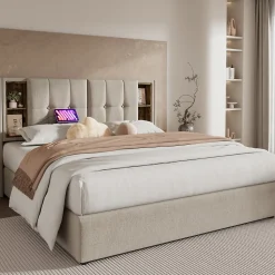 Lit 180x200 cm avec coffre et sommier relevable, tête de lit à niches tapissée lin naturel, style moderne