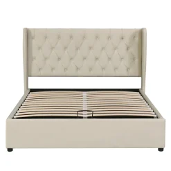Lit 160x200 cm avec coffre et tête de lit haute capitonnée style Chesterfield en velours beige, cadre solide