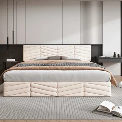 Lit 160x200 cm avec coffre hydraulique et tête de lit réglable, tapissé velours beige, design contemporain