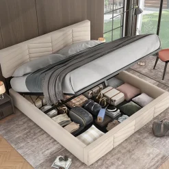 Lit 160x200 cm avec coffre hydraulique et tête de lit réglable, tapissé velours beige, design contemporain