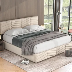 Lit 160x200 cm avec coffre hydraulique et tête de lit réglable, tapissé velours beige, design contemporain