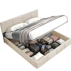 Lit 160x200 cm avec coffre hydraulique et tête de lit réglable, tapissé velours beige, design contemporain