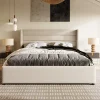 Lit 160x200 cm avec coffre hydraulique et tête de lit rembourrée en lin beige, design moderne