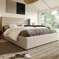 Lit 160x200 cm avec coffre hydraulique et tête de lit rembourrée en lin beige, design moderne