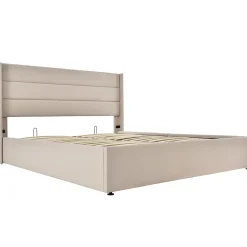 Lit 160x200 cm avec coffre hydraulique et tête de lit rembourrée en lin beige, design moderne