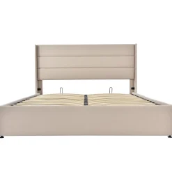 Lit 160x200 cm avec coffre hydraulique et tête de lit rembourrée en lin beige, design moderne