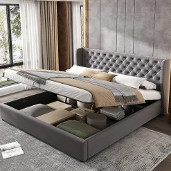 Lit 160x200 cm avec coffre hydraulique et tête de lit capitonnée en velours gris
