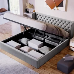 Lit 160x200 cm avec coffre hydraulique et tête de lit capitonnée en velours gris