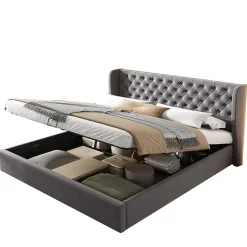 Lit 160x200 cm avec coffre hydraulique et tête de lit capitonnée en velours gris