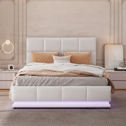 Lit 140x200 cm avec coffre hydraulique et éclairage LED, tête et cadre tapissés similicuir blanc contemporain