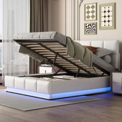 Lit 140x200 cm avec coffre hydraulique et éclairage LED, tête et cadre tapissés similicuir blanc contemporain
