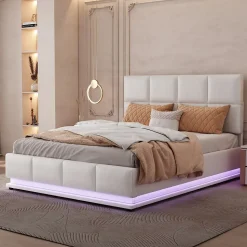 Lit 140x200 cm avec coffre hydraulique et éclairage LED, tête et cadre tapissés similicuir blanc contemporain