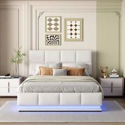 Lit 140x200 cm avec coffre hydraulique et éclairage LED, tête et cadre tapissés similicuir blanc contemporain