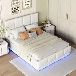 Lit 140x200 cm avec coffre hydraulique et éclairage LED, tête et cadre tapissés similicuir blanc contemporain