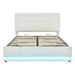 Lit 140x200 cm avec coffre hydraulique et éclairage LED, tête et cadre tapissés similicuir blanc contemporain