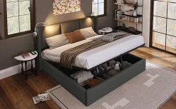 Lit 140x200 cm avec coffre lumiere de lecture ports USB cadre PU avec sommier sans matelas
