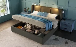 Lit 140x200 cm avec coffre lumiere de lecture ports USB cadre PU avec sommier sans matelas