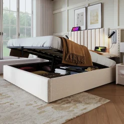 Lit 180x200 cm avec coffre, tête réglable à rivets, liseuse USB et revêtement coton-lin beige, cadre métal