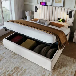 Lit 180x200 cm avec coffre, tête réglable à rivets, liseuse USB et revêtement coton-lin beige, cadre métal