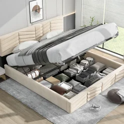 Lit 180x200 cm avec coffre, tête de lit réglable (5 cm) et revêtement velours beige, style élégant