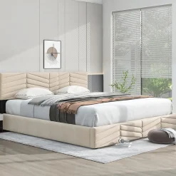 Lit 180x200 cm avec coffre, tête de lit réglable (5 cm) et revêtement velours beige, style élégant