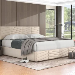 Lit 180x200 cm avec coffre, tête de lit réglable (5 cm) et revêtement velours beige, style élégant