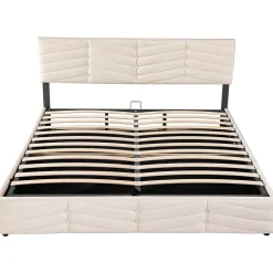 Lit 180x200 cm avec coffre, tête de lit réglable (5 cm) et revêtement velours beige, style élégant