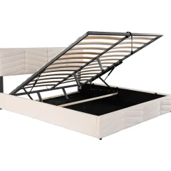 Lit 180x200 cm avec coffre, tête de lit réglable (5 cm) et revêtement velours beige, style élégant