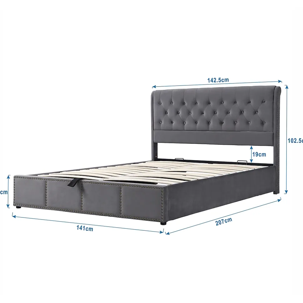 Lit 140x200 cm avec coffre, tête de lit capitonnée en velours gris et banc-coffre assorti, design élégant