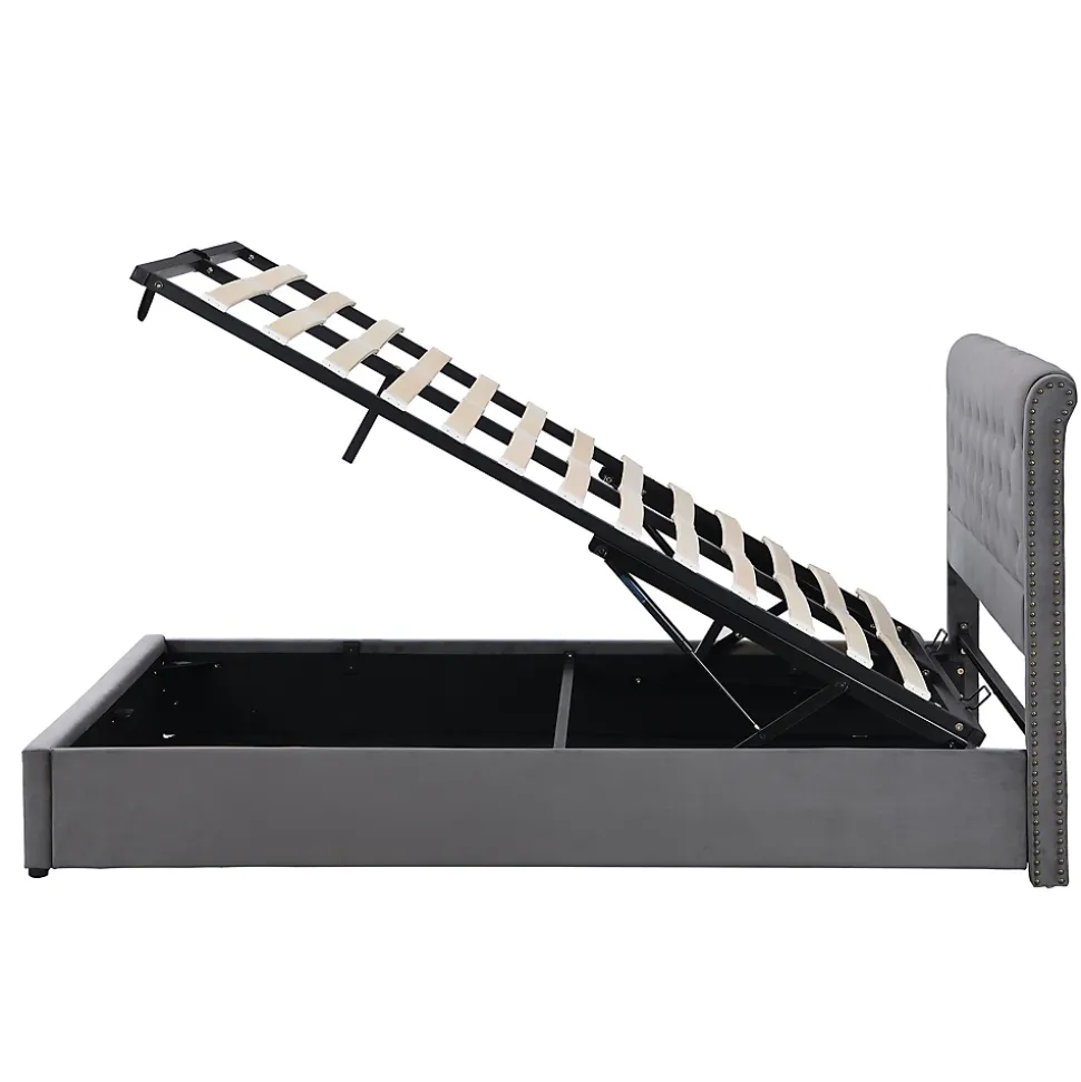 Lit 140x200 cm avec coffre, tête de lit capitonnée en velours gris et banc-coffre assorti, design élégant