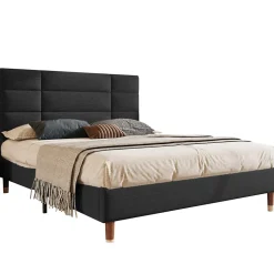 Lit 140x200 cm avec espace de rangement sous le sommier et tête de lit rembourrée en lin noir