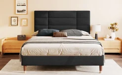 Lit 140x200 cm avec espace de rangement sous le sommier et tête de lit rembourrée en lin noir