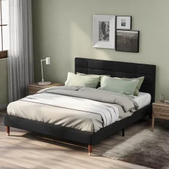 Lit 140x200 cm avec espace de rangement sous le sommier et tête de lit rembourrée en lin noir