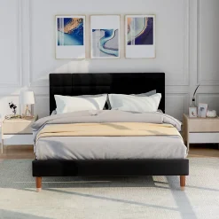 Lit 140x200 cm avec espace de rangement sous le sommier et tête de lit rembourrée en lin noir
