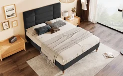 Lit 140x200 cm avec espace de rangement sous le sommier et tête de lit rembourrée en lin noir