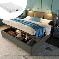 Lit 160x200 cm avec grand rangement et tête de lit équipée d'une liseuse orientable et prise USB, PU gris