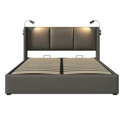 Lit 160x200 cm avec grand rangement et tête de lit équipée d'une liseuse orientable et prise USB, PU gris