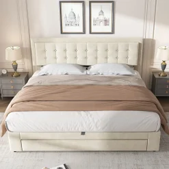 Lit 160x200 cm avec grand rangement hydraulique, tête de lit réglable en velours beige et pieds métal