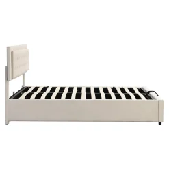 Lit 160x200 cm avec grand rangement hydraulique, tête de lit réglable en velours beige et pieds métal