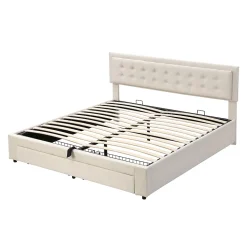 Lit 160x200 cm avec grand rangement hydraulique, tête de lit réglable en velours beige et pieds métal