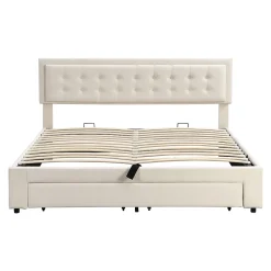 Lit 160x200 cm avec grand rangement hydraulique, tête de lit réglable en velours beige et pieds métal