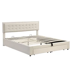 Lit 160x200 cm avec grand rangement hydraulique, tête de lit réglable en velours beige et pieds métal