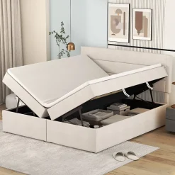 Lit 140x200 cm avec grand rangement, revêtement lin beige, cadre métal et structure bois massif, style minimaliste