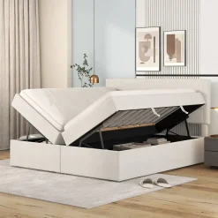 Lit 140x200 cm avec grand rangement, revêtement lin beige, cadre métal et structure bois massif, style minimaliste