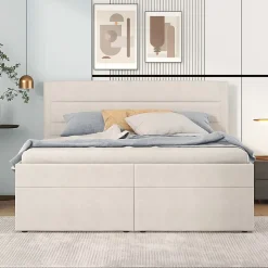 Lit 140x200 cm avec grand rangement, revêtement lin beige, cadre métal et structure bois massif, style minimaliste