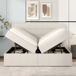 Lit 140x200 cm avec grand rangement, revêtement lin beige, cadre métal et structure bois massif, style minimaliste