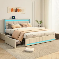 Lit 160x200 cm avec LED, 4 tiroirs, USB et Type-C, cadre en lin, pour adultes, beige