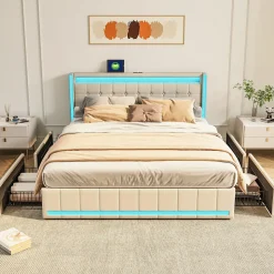 Lit 160x200 cm avec LED, 4 tiroirs, USB et Type-C, cadre en lin, pour adultes, beige